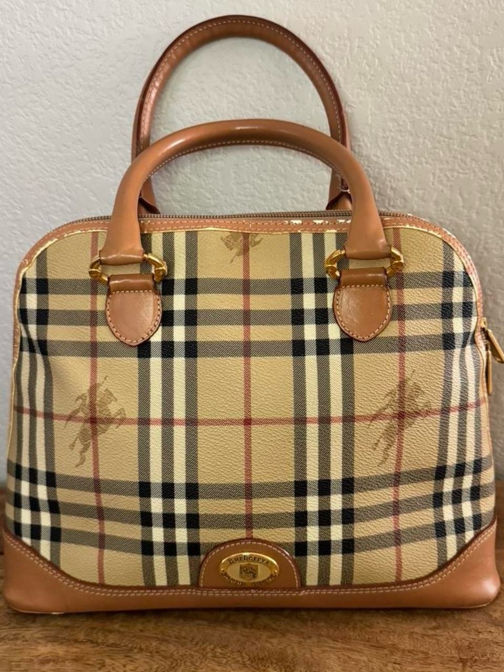 Burberry Beige Tan Check Satchel with Gold Hardware